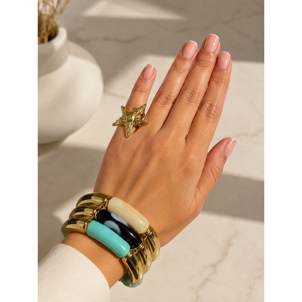 Glam Coastal Luxe Stretch Bracelet‎ Stack Set Gold Aqua Ivory Black